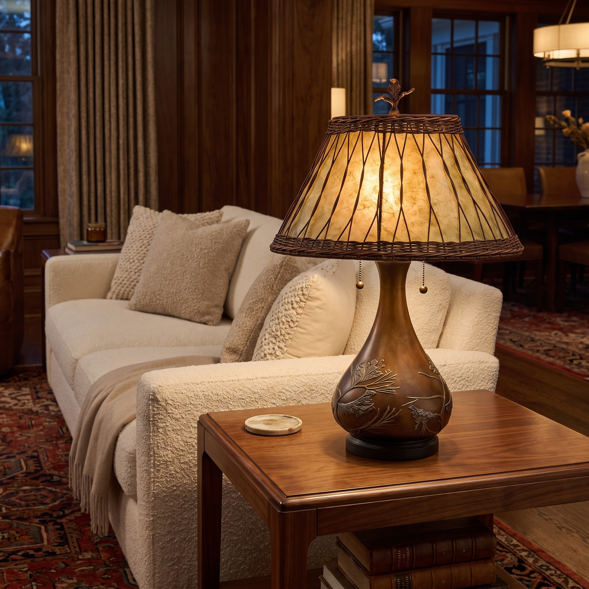 Alder Bronze Two Light Mica Shade Table Lamp for Living Rooms and Cabins lifestyle view 1
