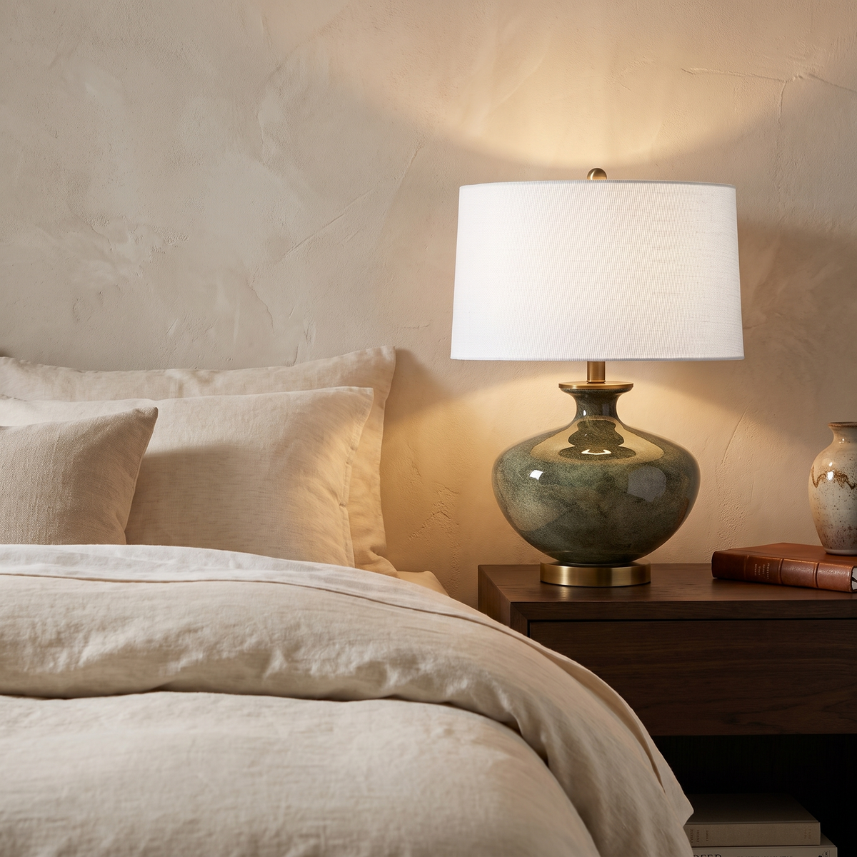 Mossbrook Moss Green Glass and Brass Table Lamp with Linen Shade for Bedside and Consoles lifestyle view 2