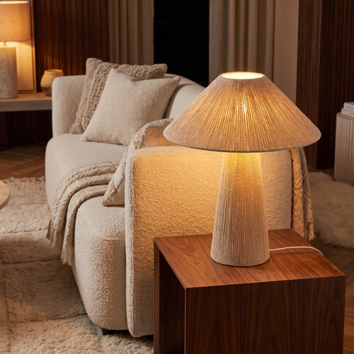 Juno Off White Jute Wrapped Cone Shade Table Lamp for Japandi Bedrooms lifestyle view 1