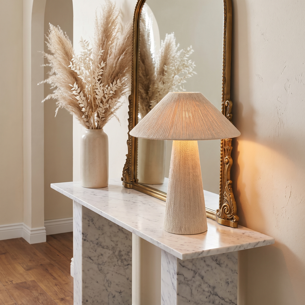 Juno Off White Jute Wrapped Cone Shade Table Lamp for Japandi Bedrooms lifestyle view 3