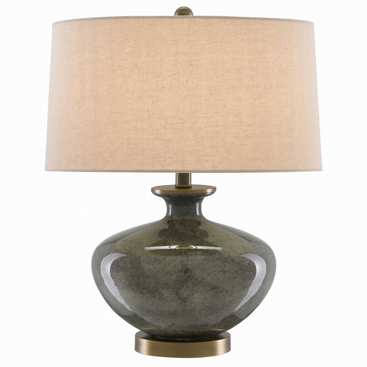 Mossbrook Moss Green Glass and Brass Table Lamp with Linen Shade for Bedside and Consoles on white background