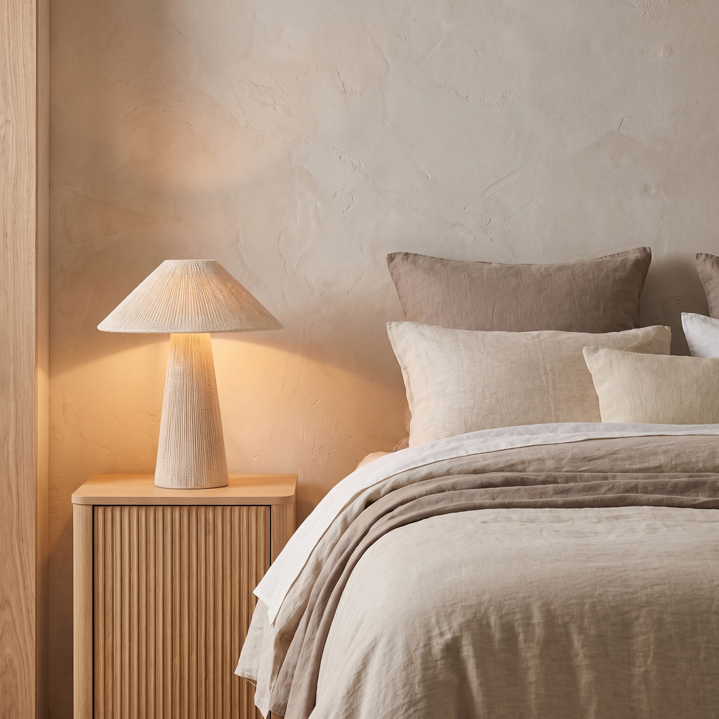 Juno Off White Jute Wrapped Cone Shade Table Lamp for Japandi Bedrooms lifestyle view 2