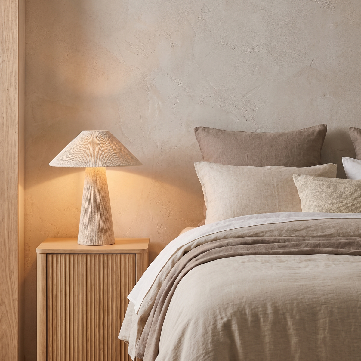 Juno Off White Jute Wrapped Cone Shade Table Lamp for Japandi Bedrooms lifestyle view 2