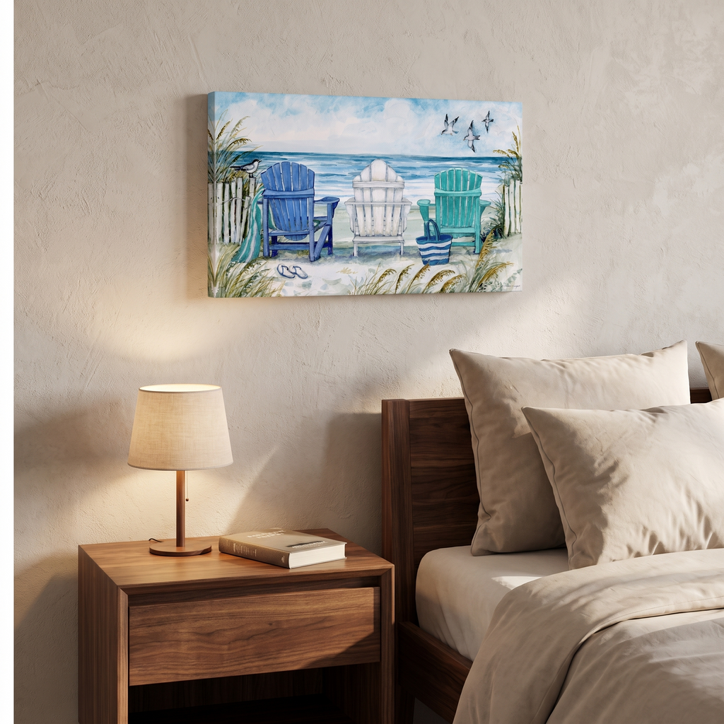 Seaside Rest Adirondack Chairs Coastal Canvas Wall Art for Coastal Bedrooms and Sunrooms lifestyle view 1
