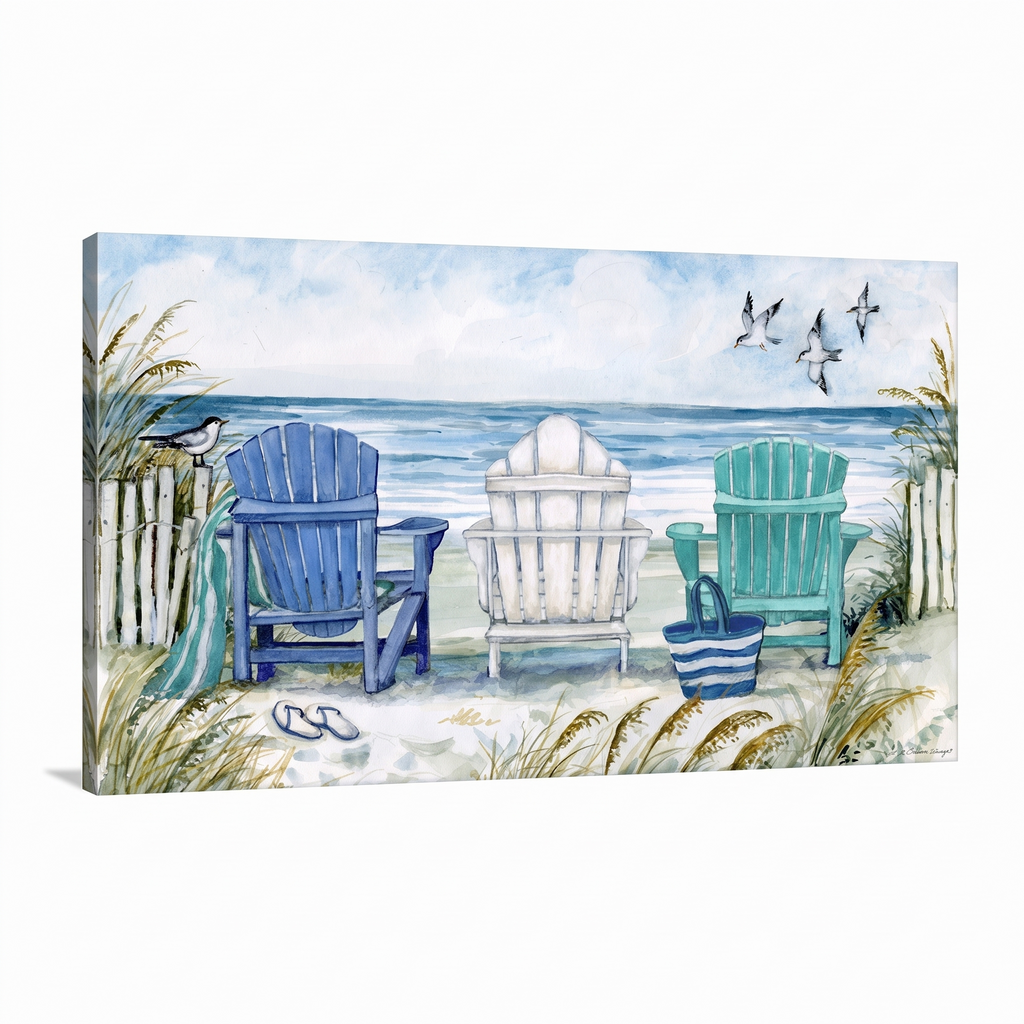 Seaside Rest Adirondack Chairs Coastal Canvas Wall Art for Coastal Bedrooms and Sunrooms on white background