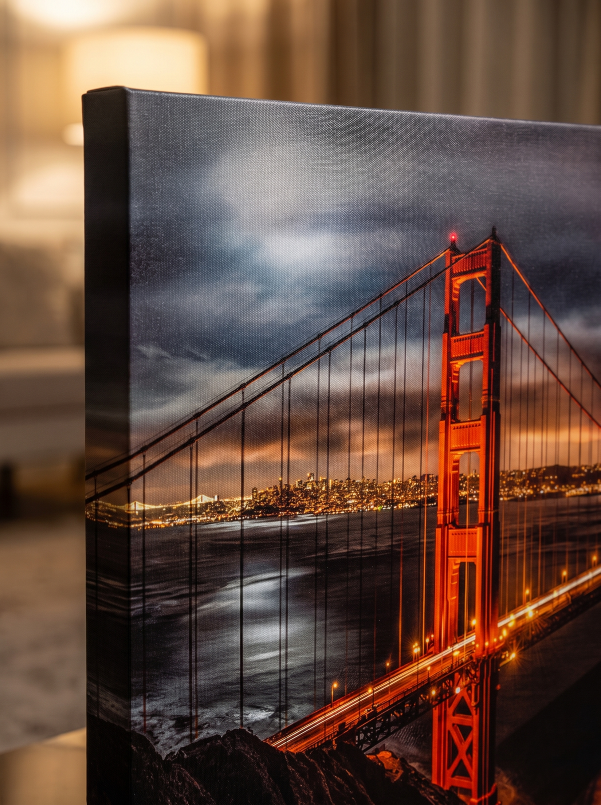 Bay Dusk Golden Gate Bridge Evening Skyline Canvas Wall Art for Offices and Entryways detail 1