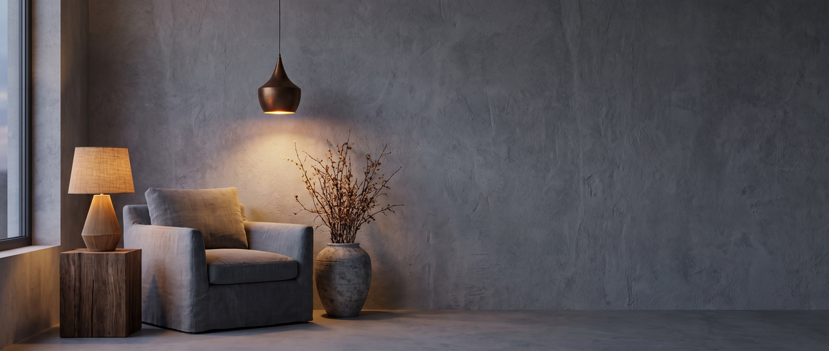 North Alcove reading corner at dusk with jute lamp and bronze pendant
