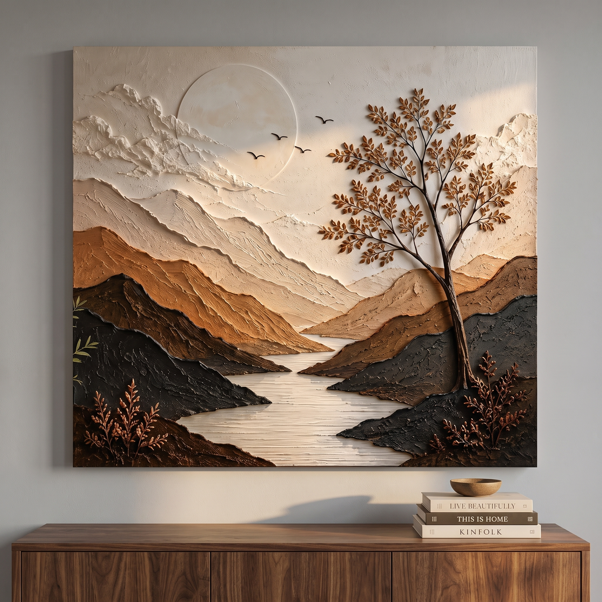 Textured landscape wall art above a walnut console
