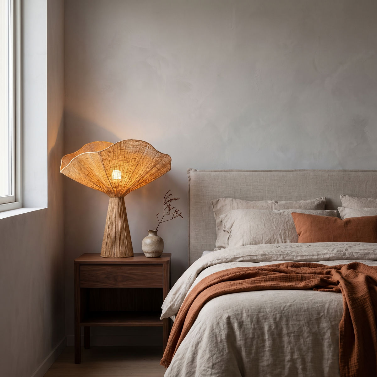 Jute table lamp glowing on a walnut nightstand