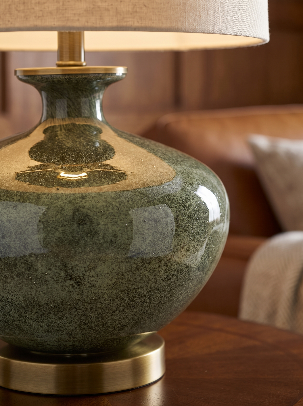 Mossbrook Moss Green Glass and Brass Table Lamp with Linen Shade for Bedside and Consoles detail 1