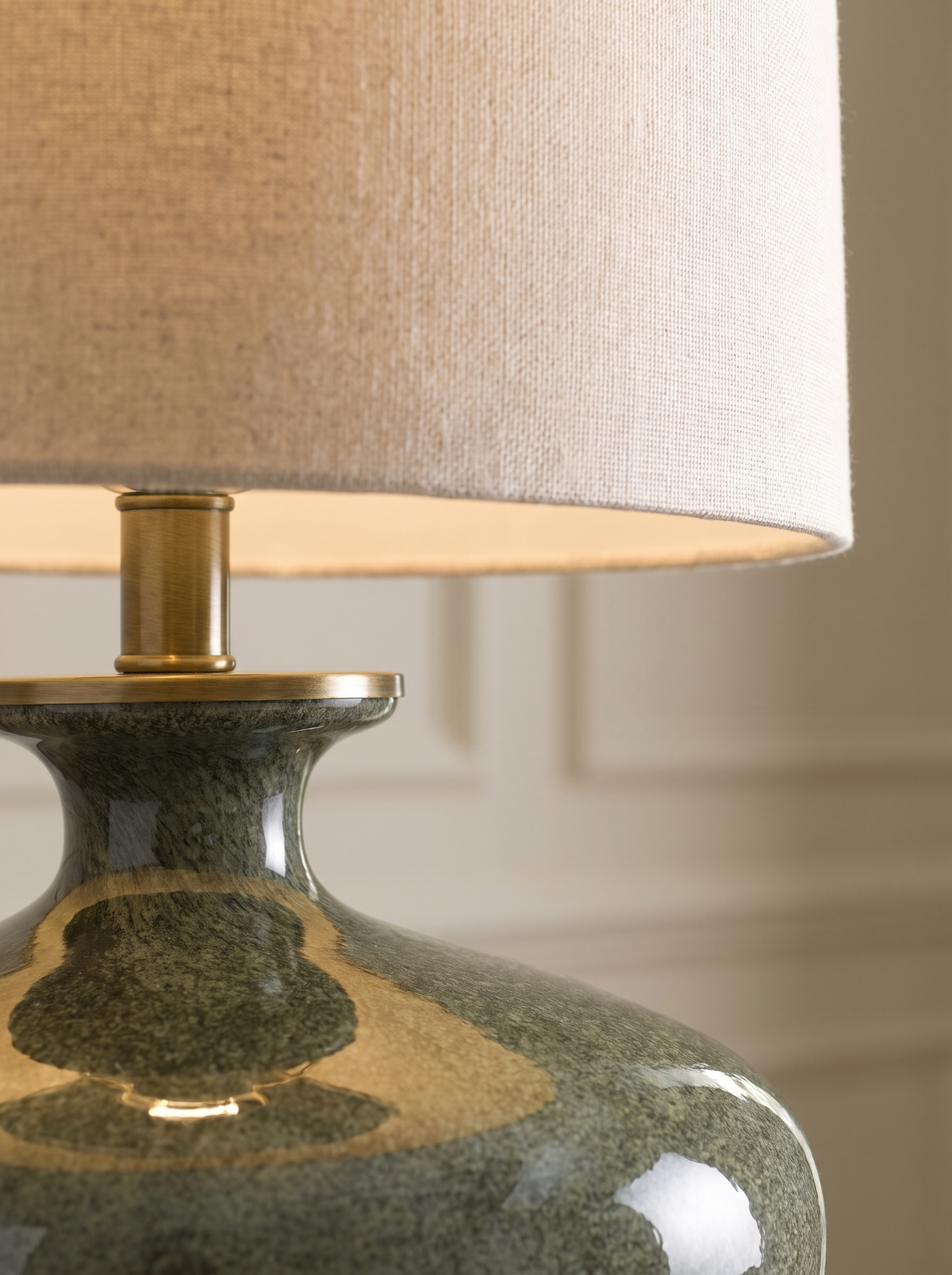 Mossbrook Moss Green Glass and Brass Table Lamp with Linen Shade for Bedside and Consoles detail 2