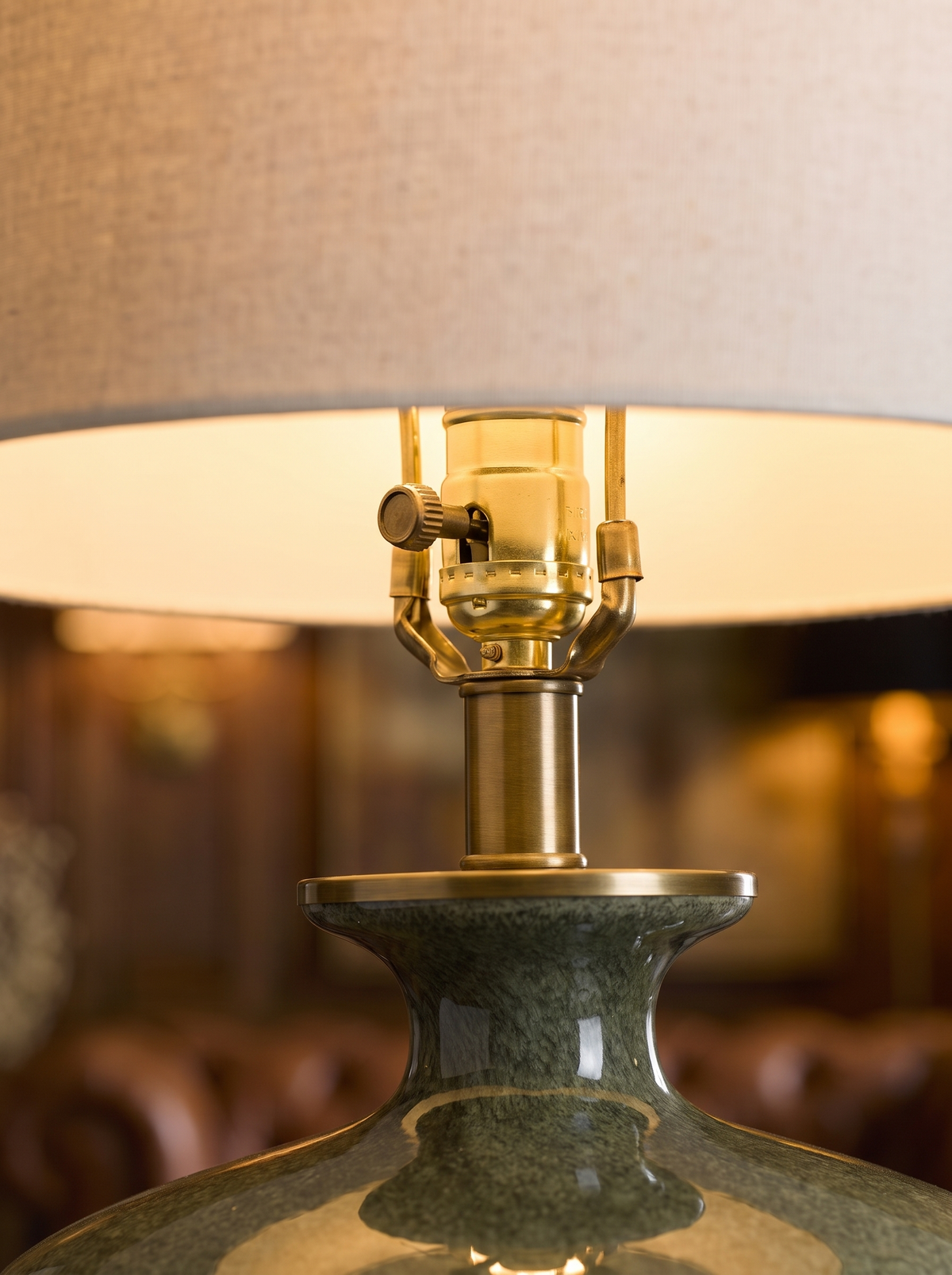 Mossbrook Moss Green Glass and Brass Table Lamp with Linen Shade for Bedside and Consoles detail 3